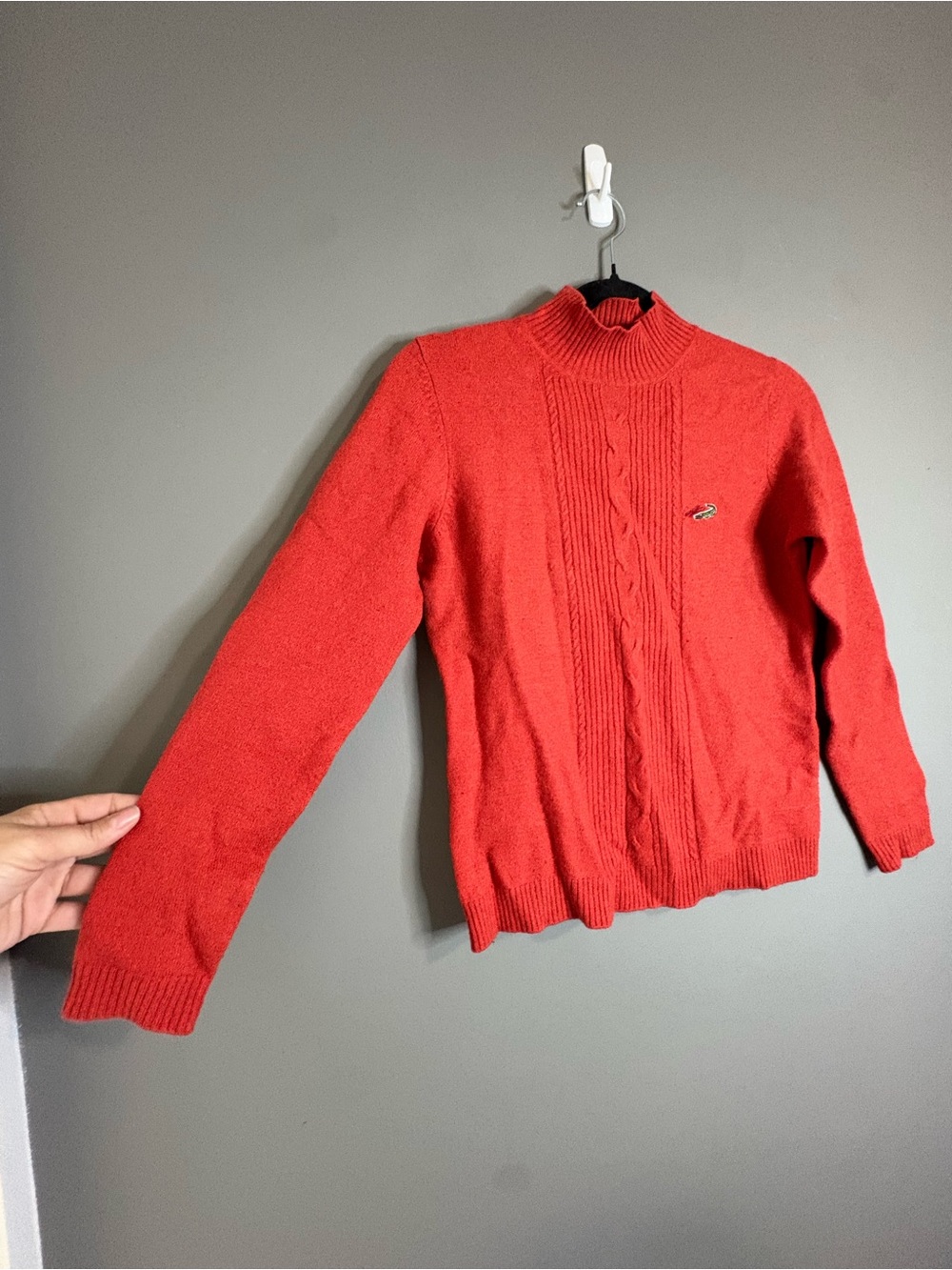 Vintage Lacoste Burnt Orange Wool Blend Mock Neck Cable Knit Sweater Size Small - Picture 5 of 9